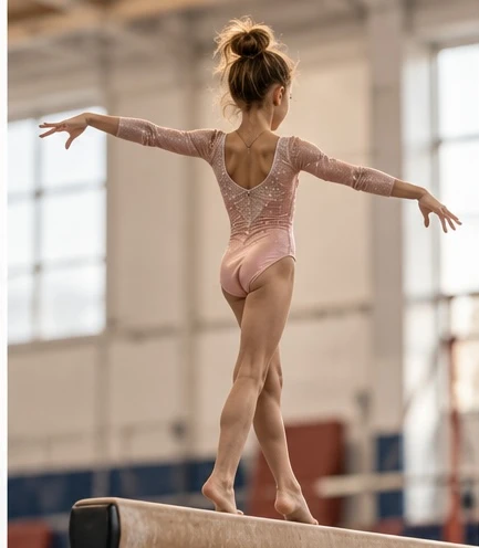 Gymnast in a pink leotard balancing on a beam